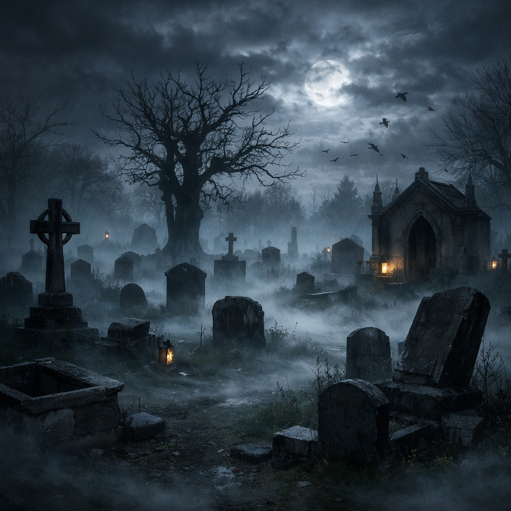 Fog-covered graveyard with tombstones, a chapel, and a bright full moon