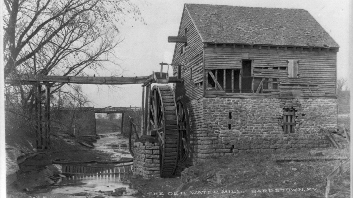 Historic photo of an old water mill in Bardstown, Kentucky